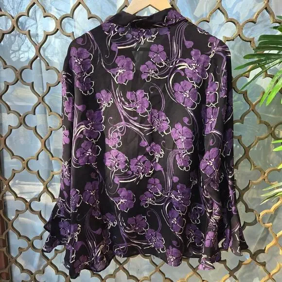 Venezia Jeans Womens Purple Floral Silk Blouse 14/16 Bell Sleeve Whimsigoth Boho - Picture 4 of 8